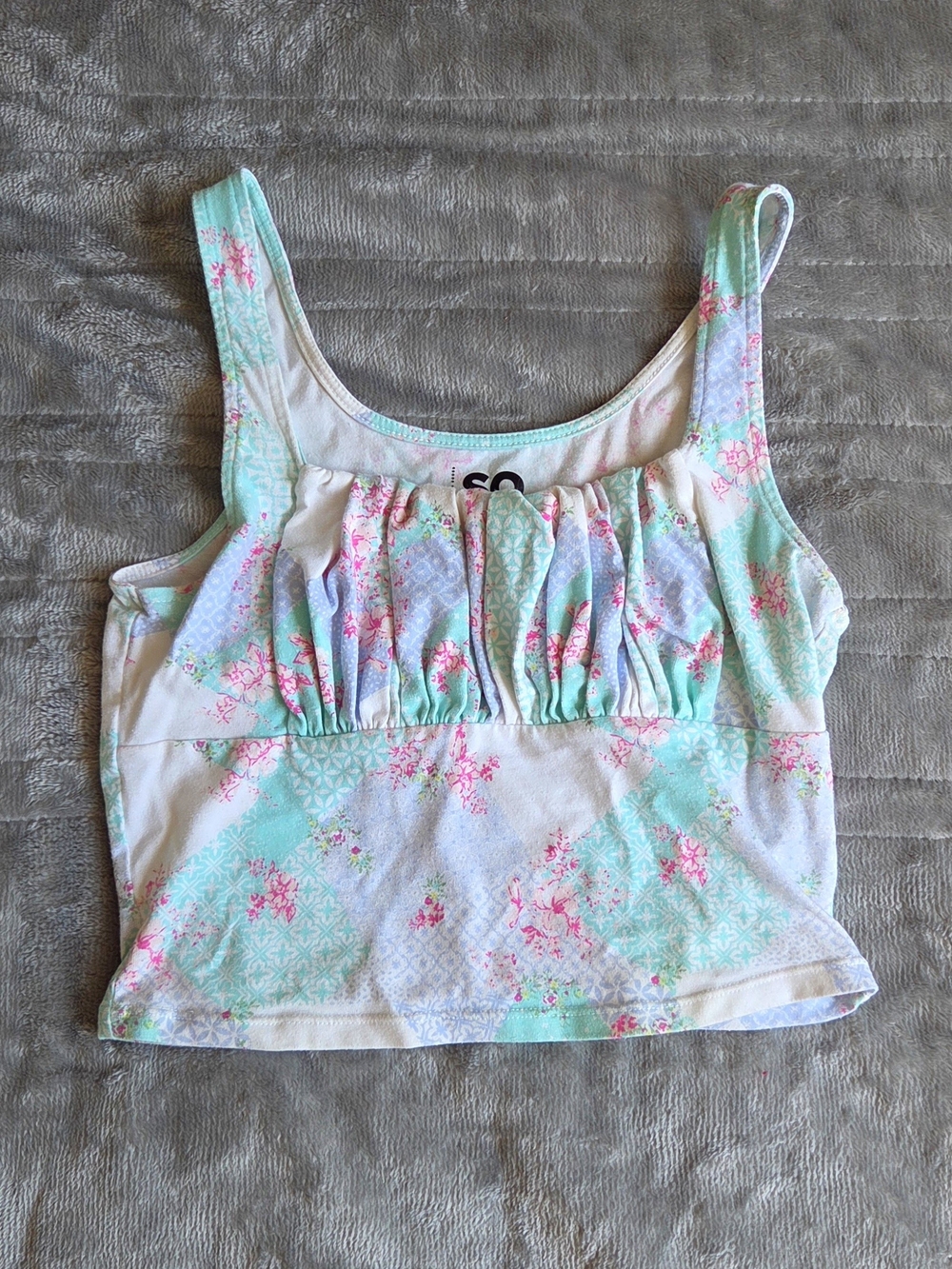 Mint and Pink Floral Ruched Tank